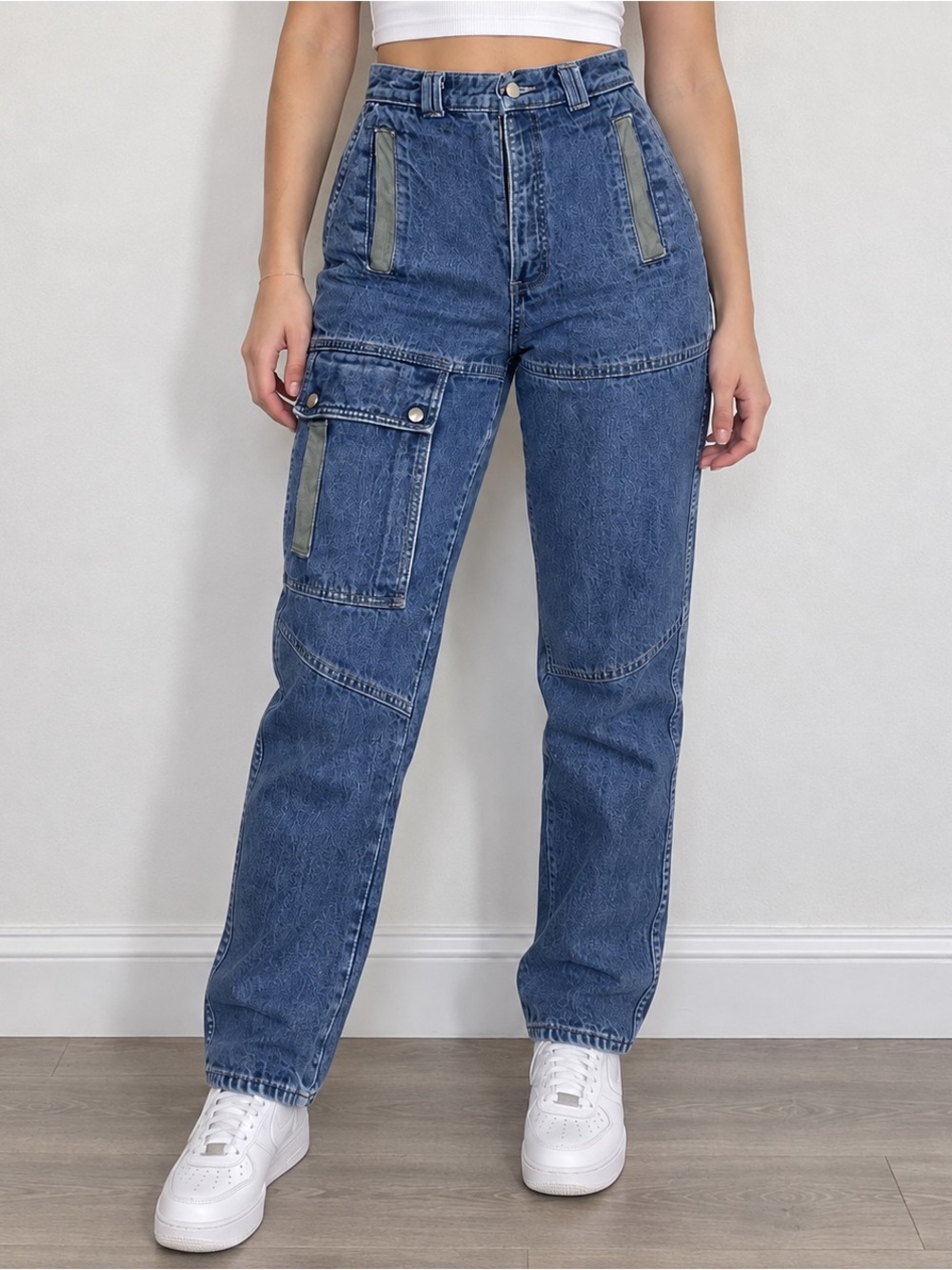 Vintage 80s Sweet Cheeks High Rise Cargo Utility Jeans Leather trim 23–24” Waist